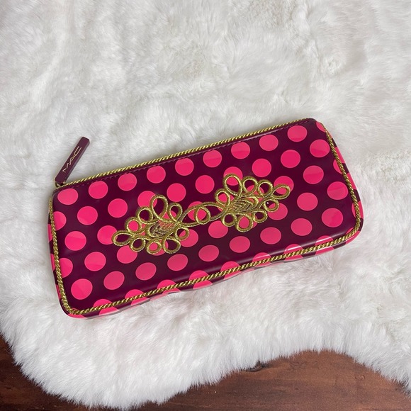 MAC Burgundy Pink Polka Dot Gold Embroided‎ Zipper Cosmetic Makeup Bag - Picture 1 of 6